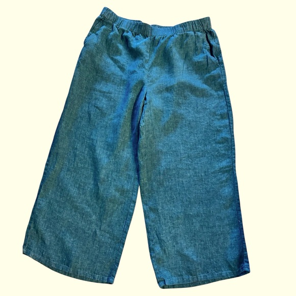 Eileen Fisher Pants - Eileen Fisher 100% Linen Teal Blue Wide Leg Crop Pants Sz Large EUC